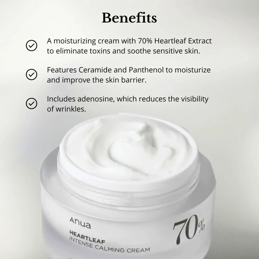 Jar of Ahua Heartleaf Intense Calming Cream with benefits listed on a light gray background