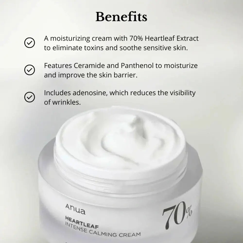 Jar of Ahua Heartleaf Intense Calming Cream with benefits listed on a light gray background