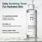 Anua 77+ Heartleaf Toner bottle with text on daily soothing benefits on a white background