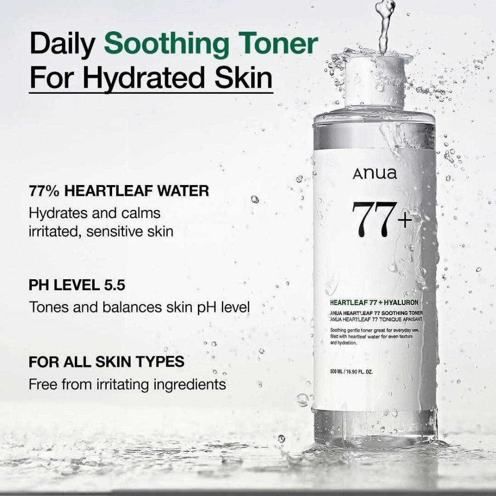 Anua 77+ Heartleaf Toner bottle with text on daily soothing benefits on a white background