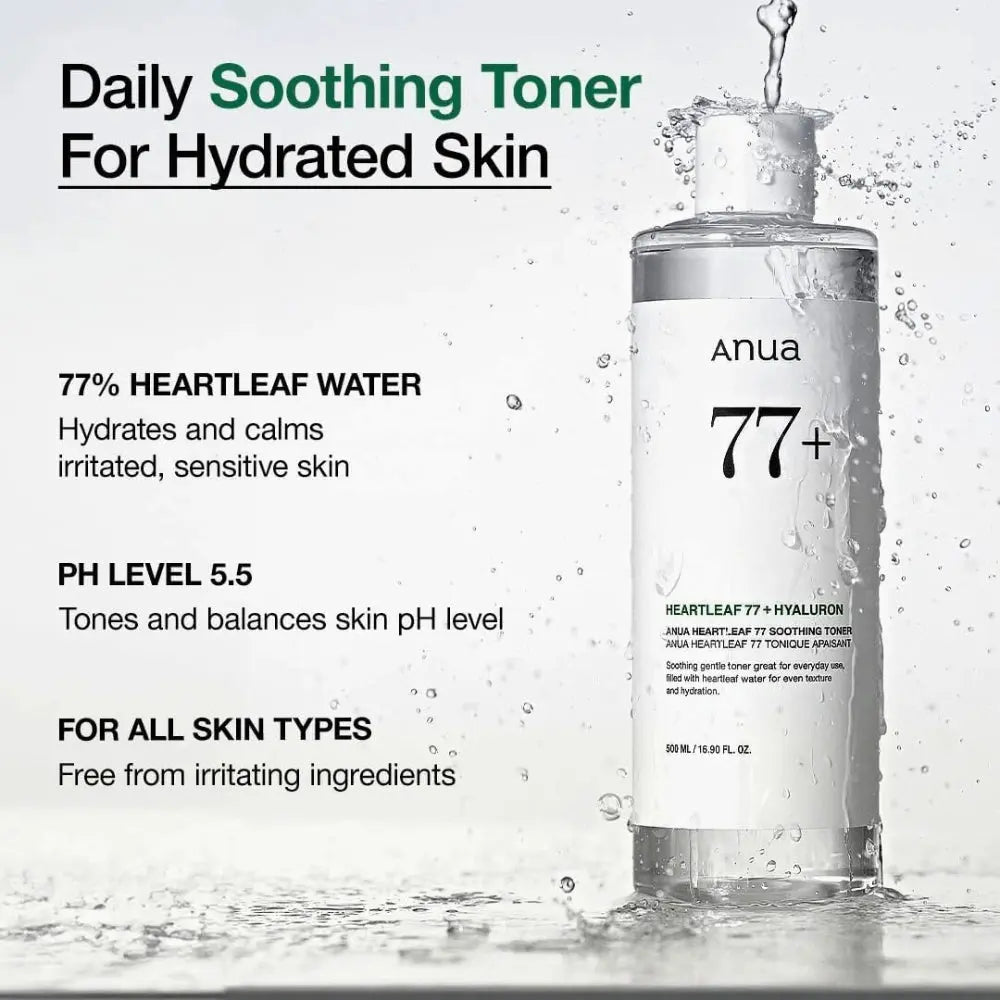 Anua 77+ Heartleaf Toner bottle with text on daily soothing benefits on a white background