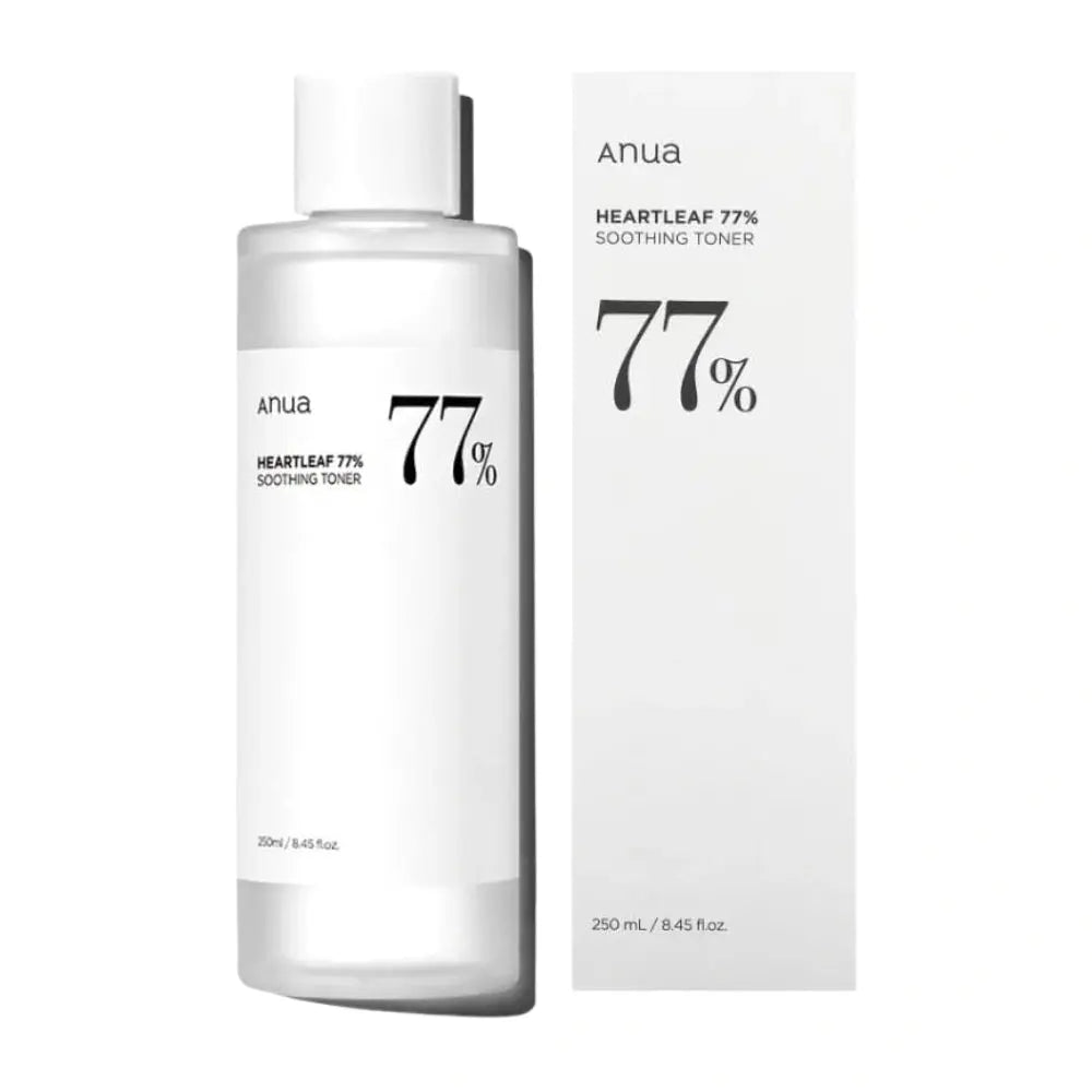 Anua Heartleaf 77% Soothing Toner bottle and packaging on a white background