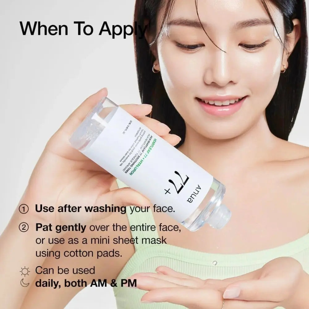 Woman holding a skincare product with application instructions on a white background