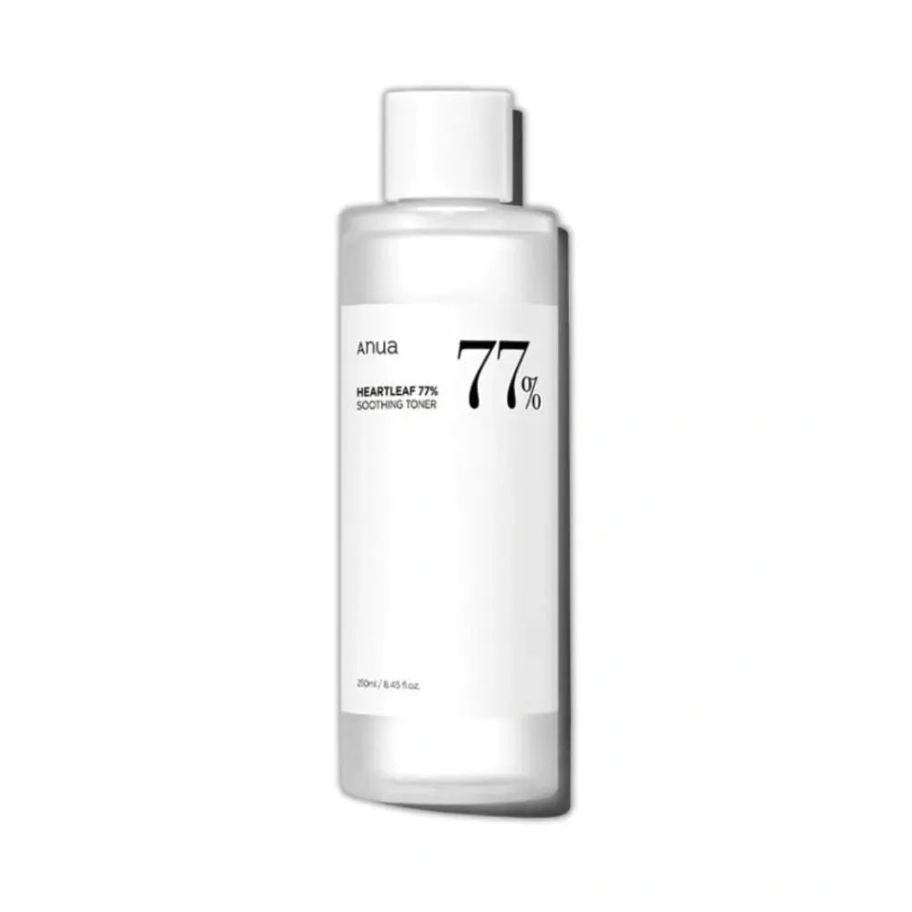 Skincare bottle with '77' and brand name on a white background