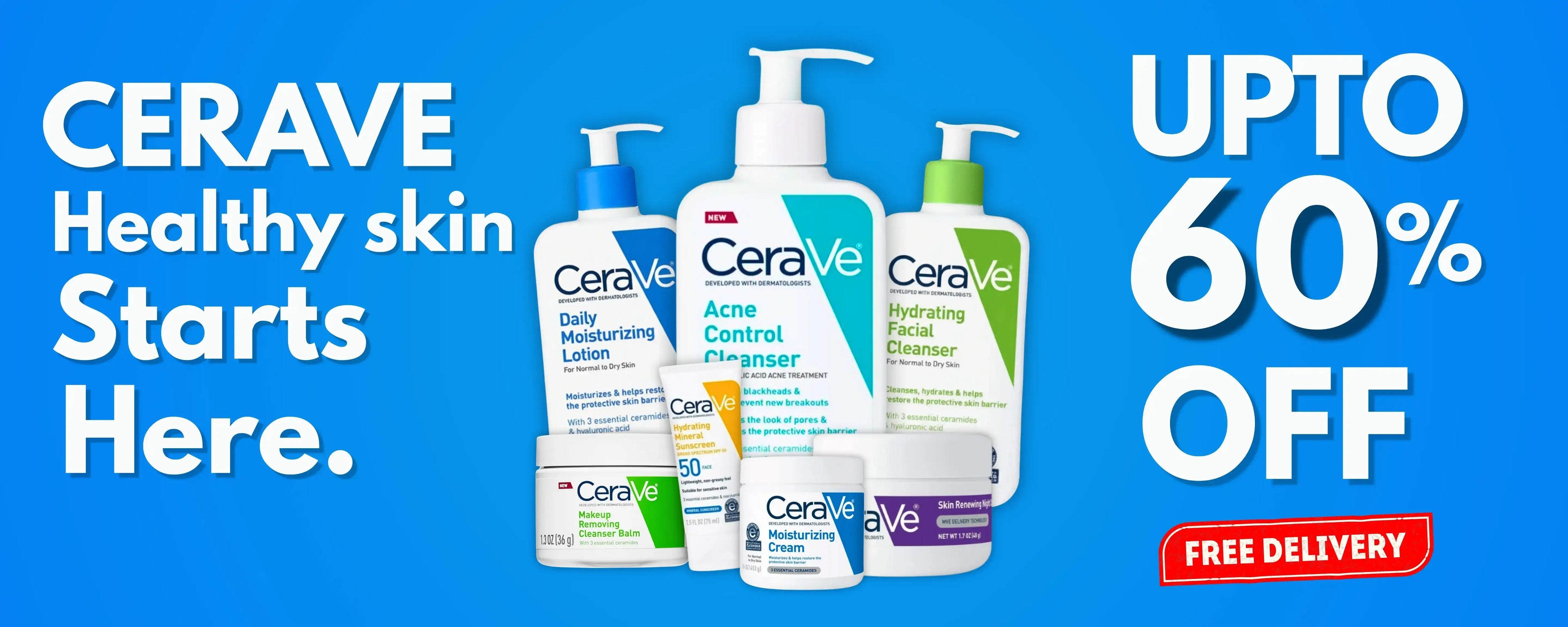 CeraVe skincare products with promotional text on a blue background