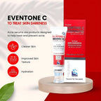Eventone C skincare product on a wooden stand with red and white background