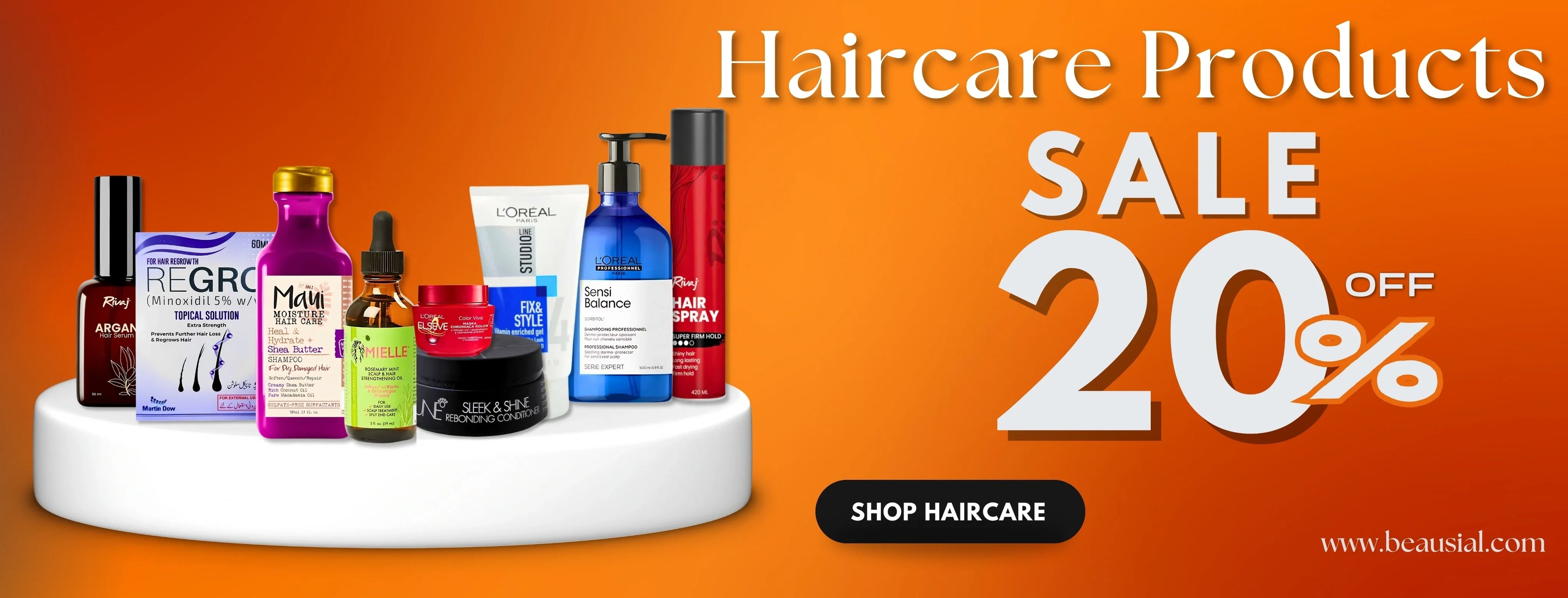 Haircare products on an orange background with a 20% off sale banner.