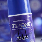 Minoxin hair regrowth treatment bottle with a blue and purple design , Minoxin 5% Minoxidil Hair Regrowth Spray 60ml bottle close up