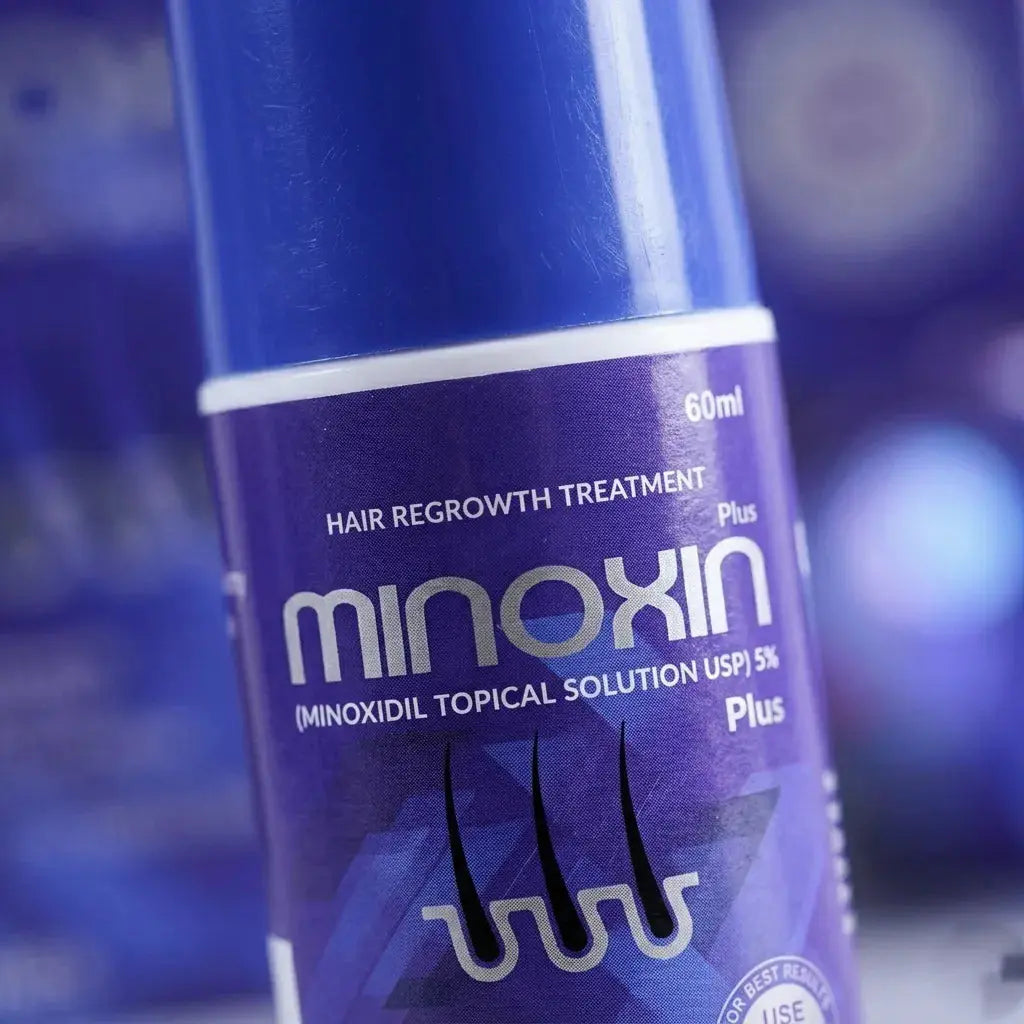 Minoxin hair regrowth treatment bottle with a blue and purple design , Minoxin 5% Minoxidil Hair Regrowth Spray 60ml bottle close up