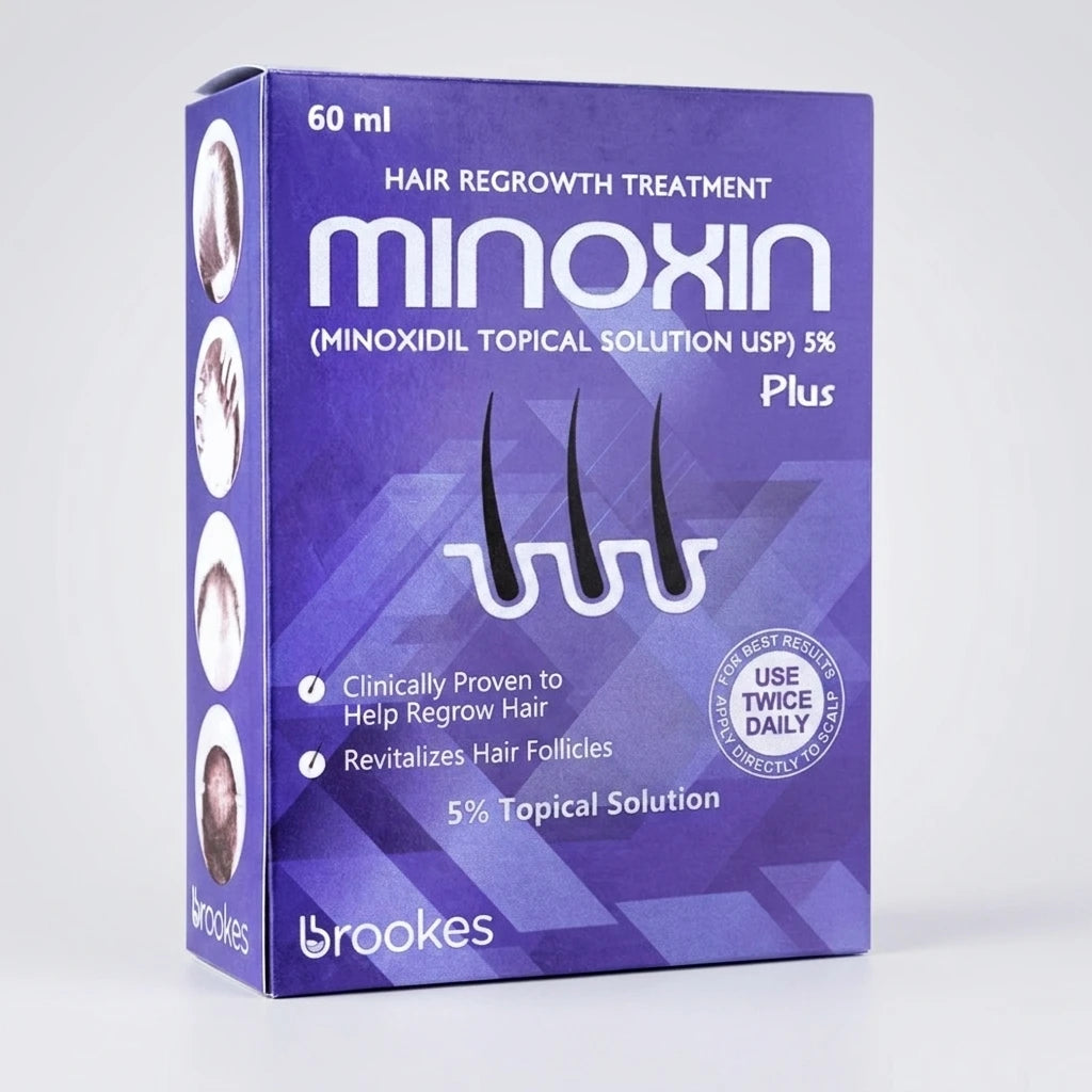 Minoxin hair regrowth treatment packaging, Minoxin 5% Minoxidil spray for thicker healthier looking hair and scalp coverage