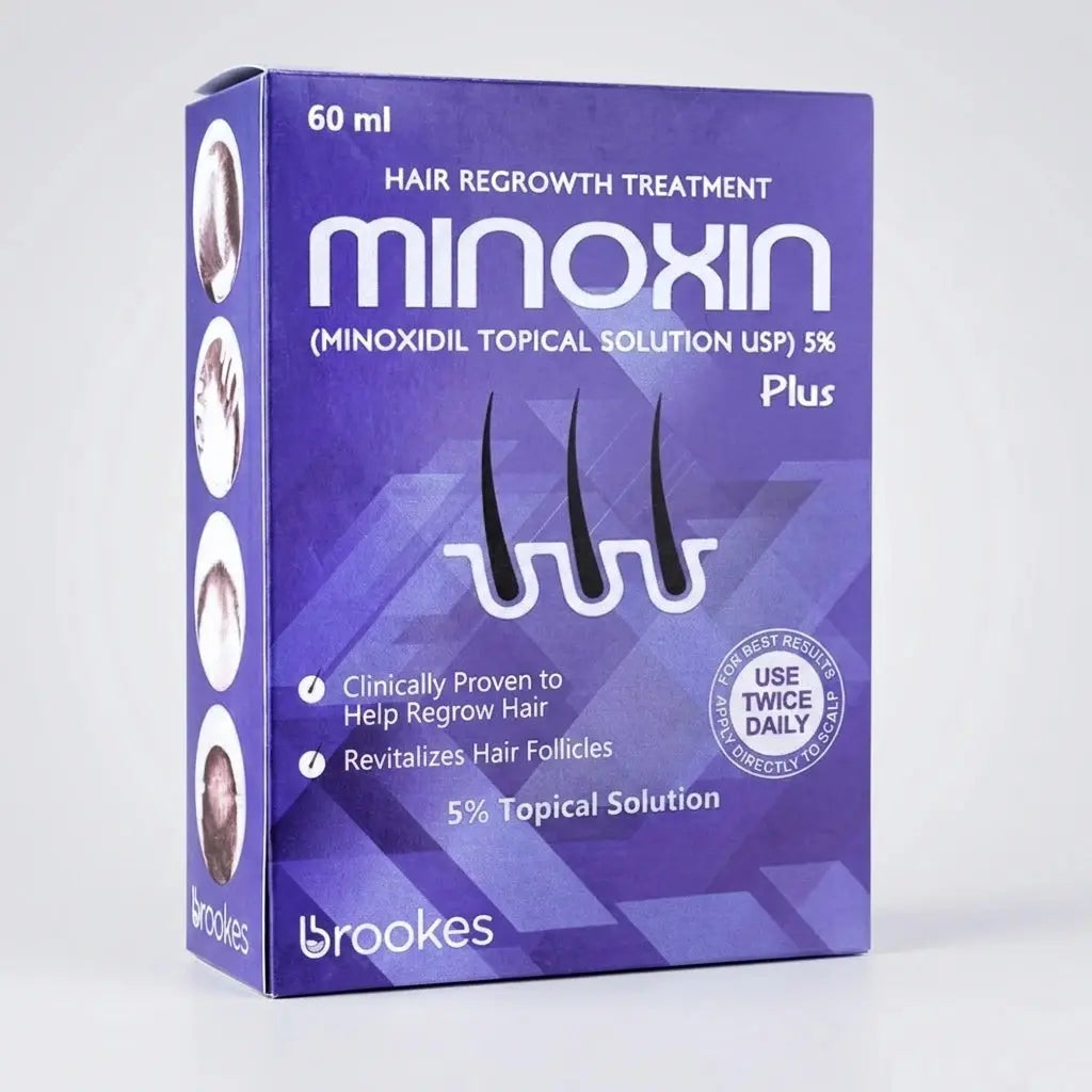 Minoxin hair regrowth treatment packaging, Minoxin 5% Minoxidil spray for thicker healthier looking hair and scalp coverage