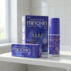 Minoxin hair regrowth treatment packaging, Original Minoxin 5% Minoxidil hair spray packaging by Brookes
