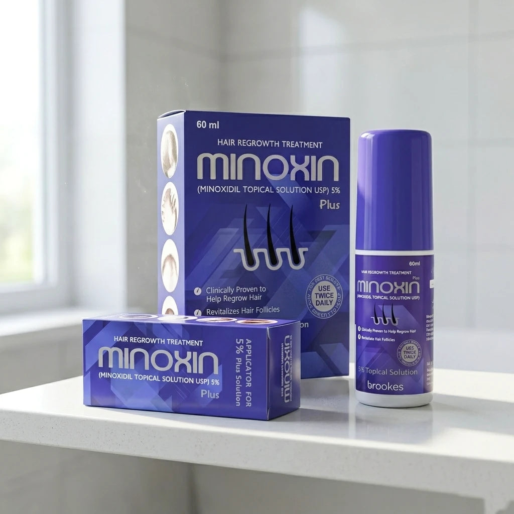 Minoxin hair regrowth treatment packaging, Original Minoxin 5% Minoxidil hair spray packaging by Brookes