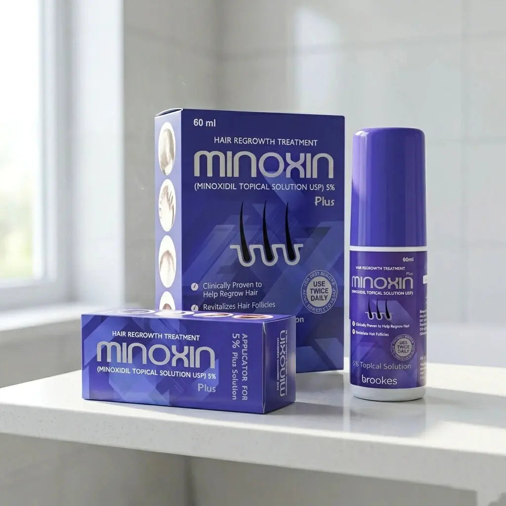 Minoxin hair regrowth treatment packaging, Original Minoxin 5% Minoxidil hair spray packaging by Brookes