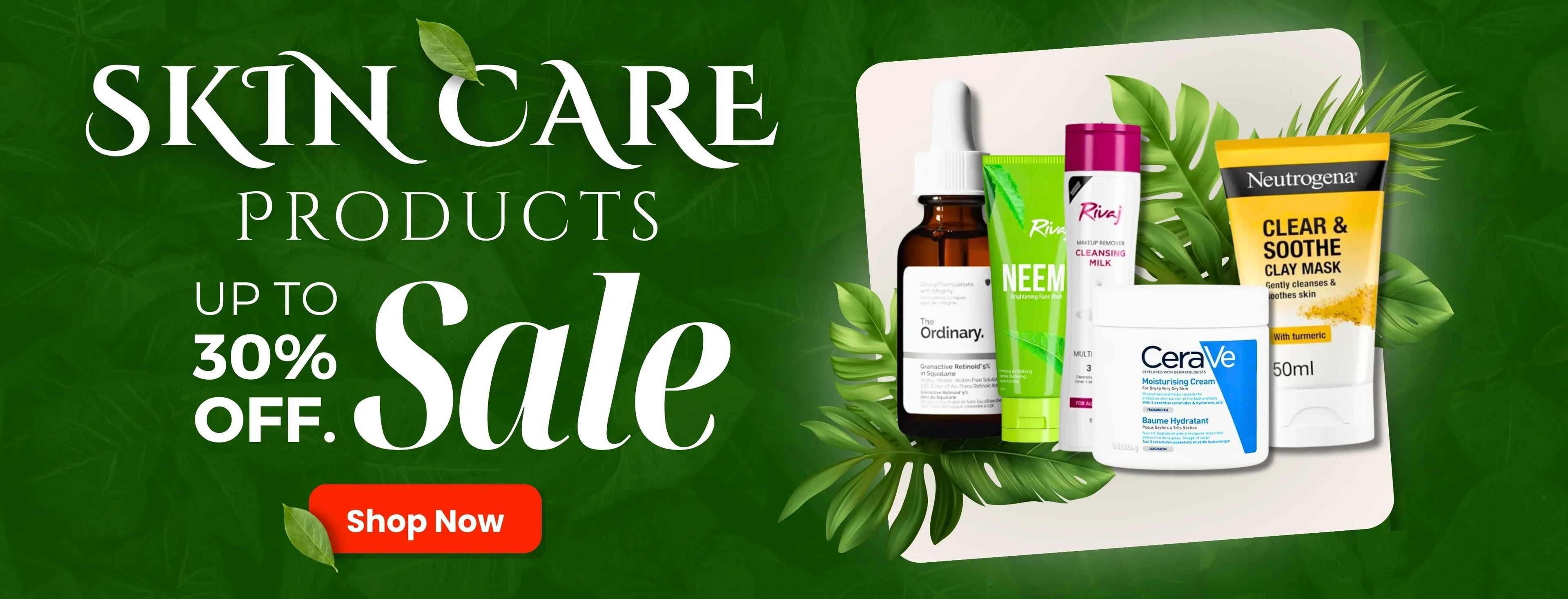 Promotional banner for skincare products with a 30% off sale on a green background.