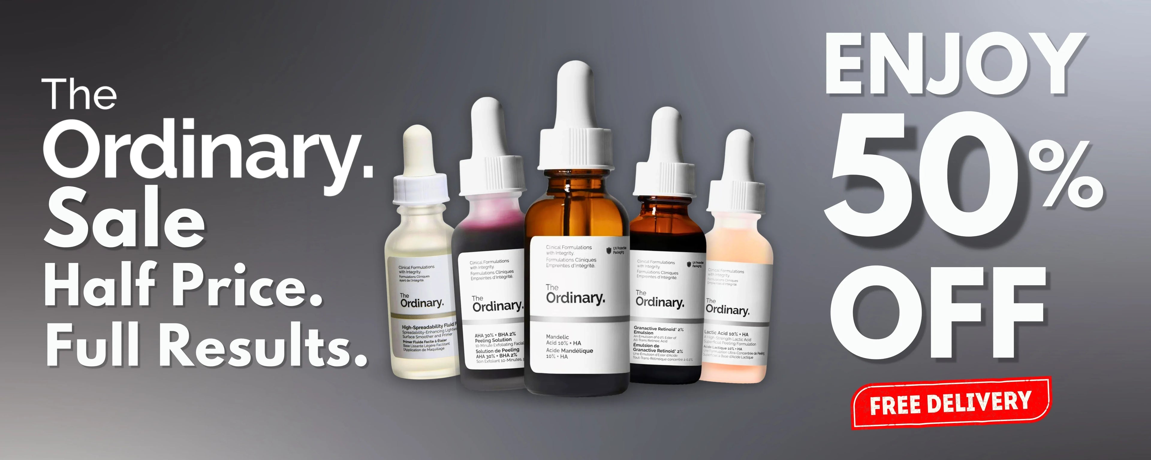 Promotional banner for 'The Ordinary' skincare products with sale and discount information.
