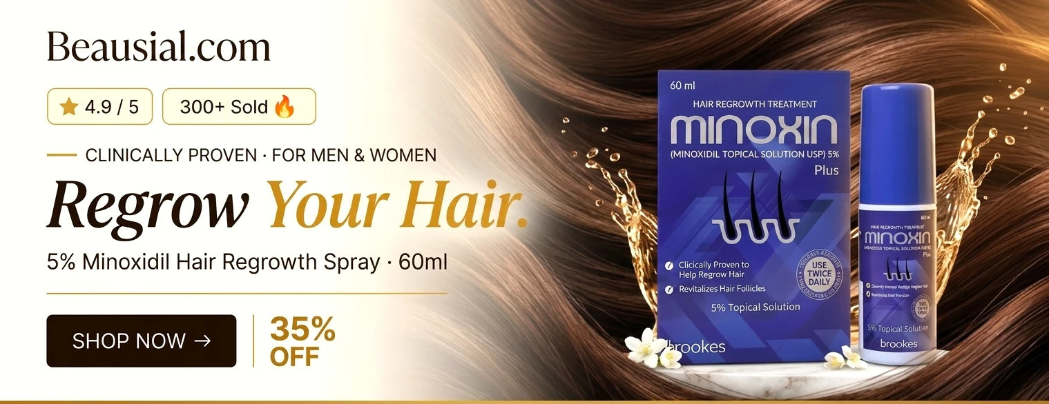 Minoxin hair regrowth treatment packaging with promotional text on a brown hair background