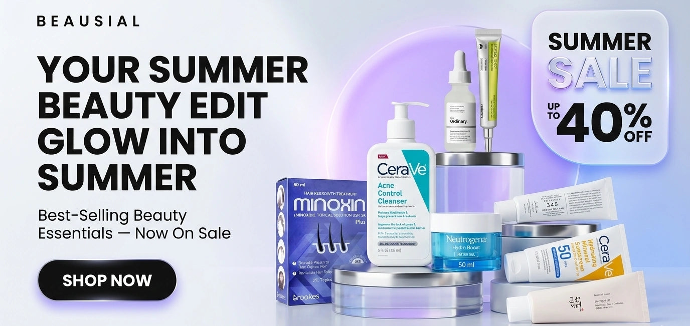 Beauty products with a summer sale promotion on a light blue background